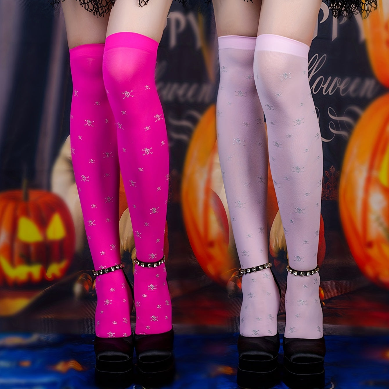 Skull Thigh High Halloween Socks Over The Knee Stockings