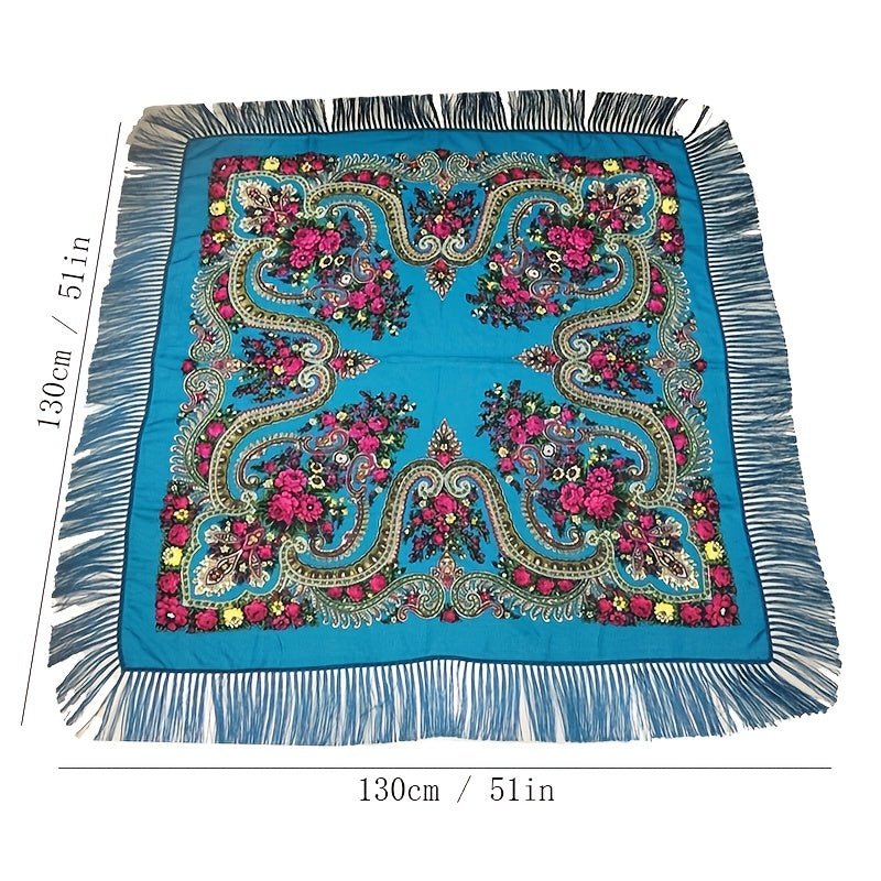 Boho Printing Large Square Scarf Traditional Retro Tassel Scarf Wrap