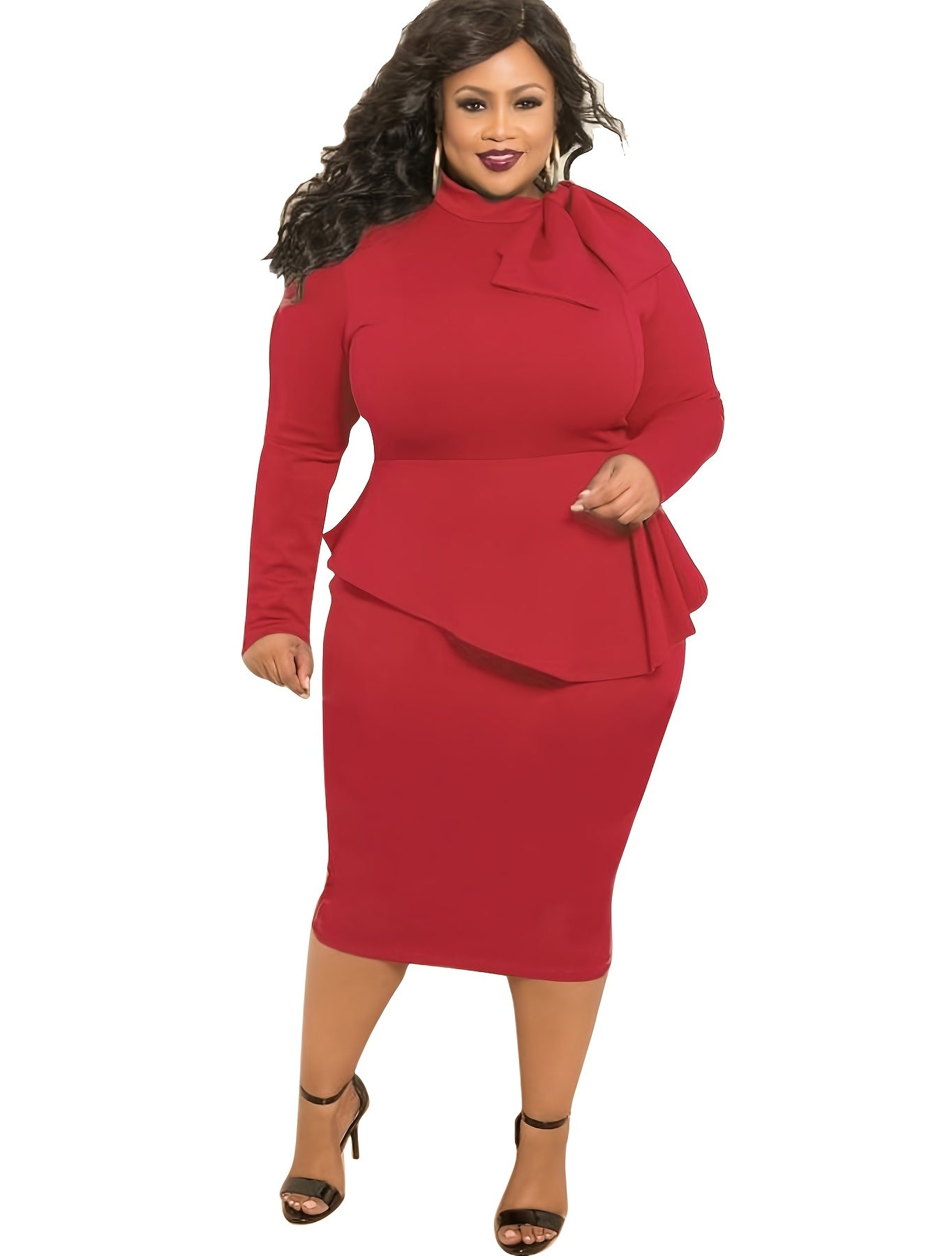  Solid Knot Long Sleeve Midi Dress Women's Plus Dress