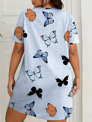  Butterfly Print Nightdress Short Sleeve Round Neck Sleep Dress