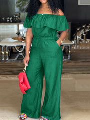  Sexy Jumpsuit Women's Plus Solid Ruffle Trim Off Shoulder Wide Leg Jum