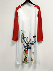  Colorblock Reindeer Print Long Sleeve V Neck Midi Dress