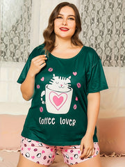  Heart & Cat Print Pajama Set Short Sleeve T shirt & Shorts