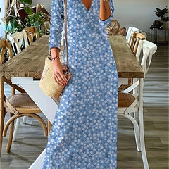  Ditsy Floral Print Long Sleeve V Neck Maxi Dress