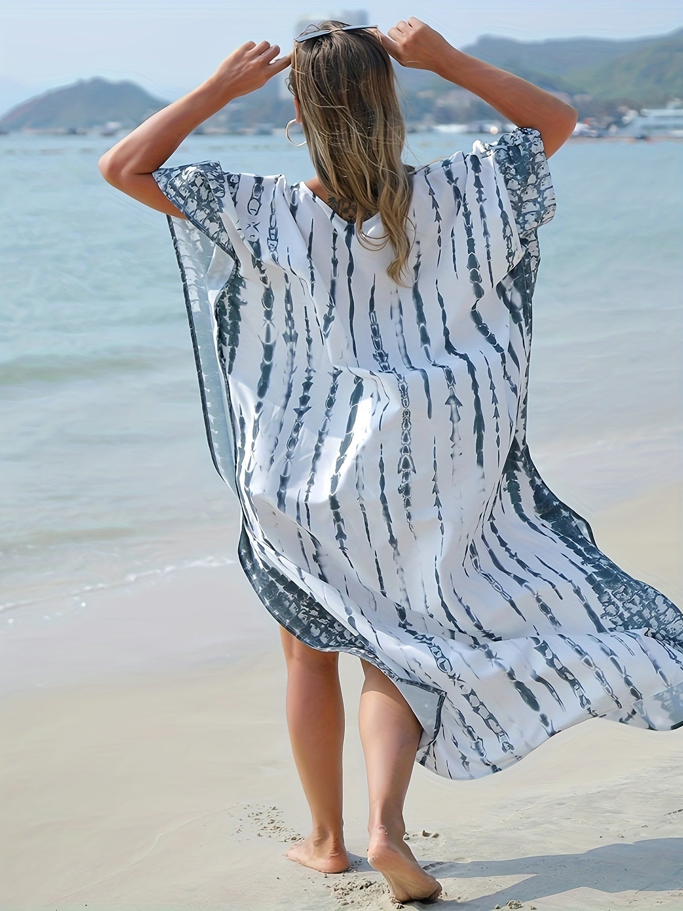  Boho Cover Up Women's Plus Tie Dye Stripe Print Batwing Sleeve V Neck