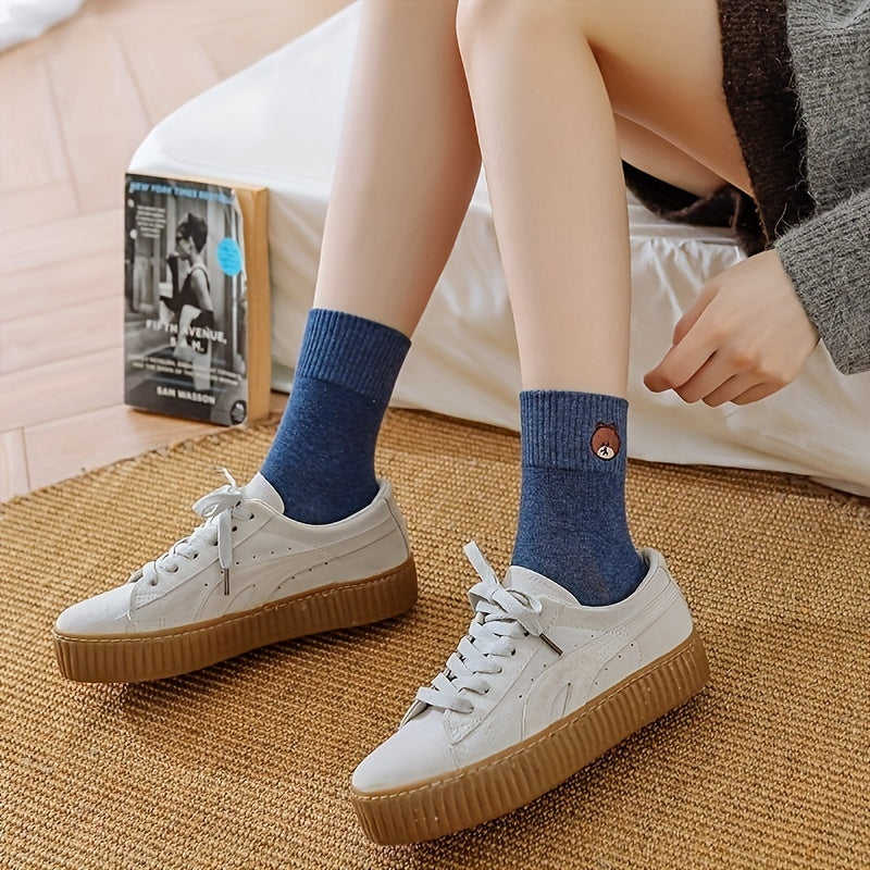 10 Pairs Cartoon Bear Print Breathable Mid Tube Socks Women's Stockings