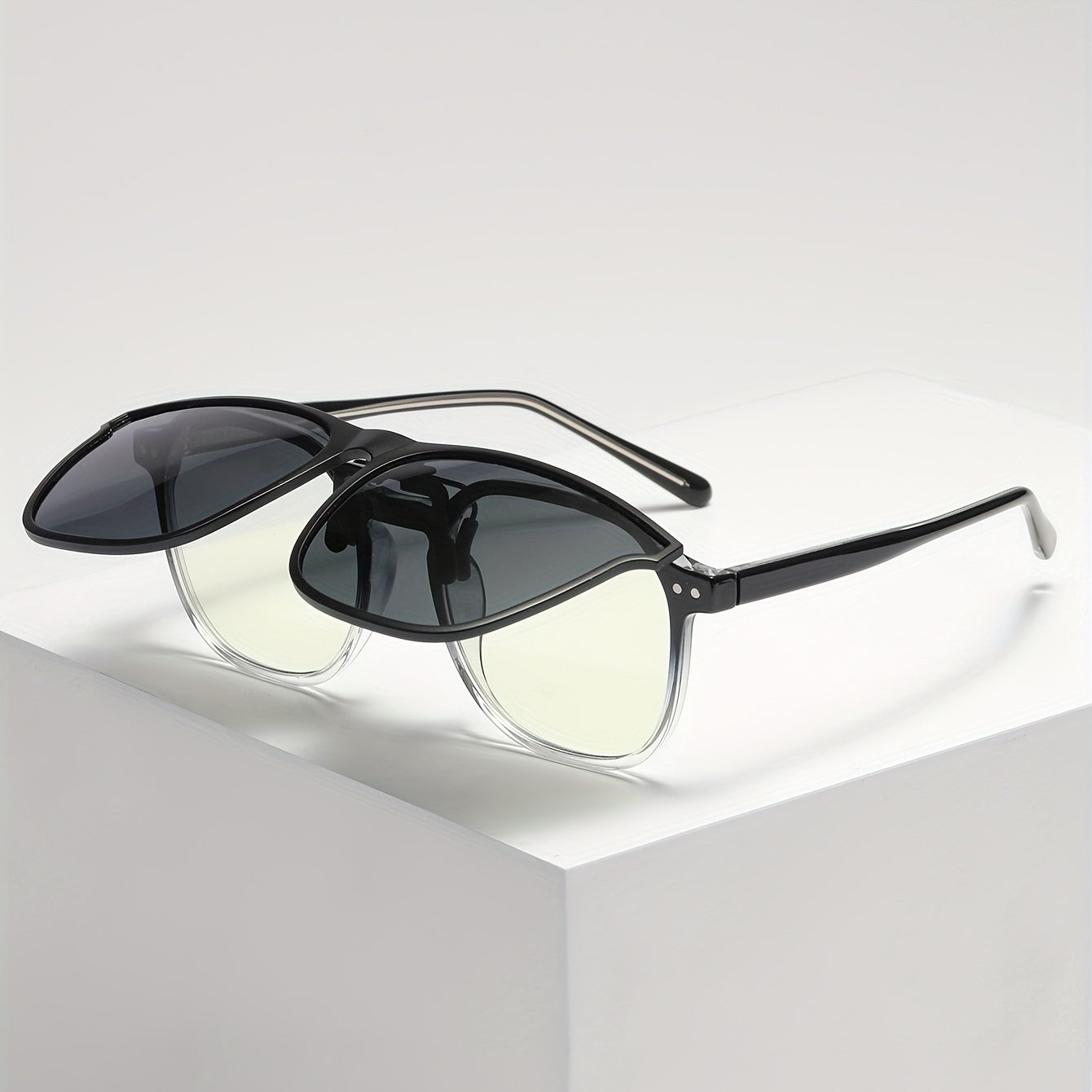 Men's Square Frame Polarized Clip-On Sunglasses with Specialty Case