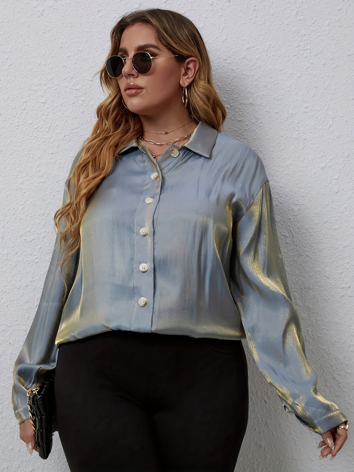  Women's Holographic Long Sleeve Button-Up Shirt Top