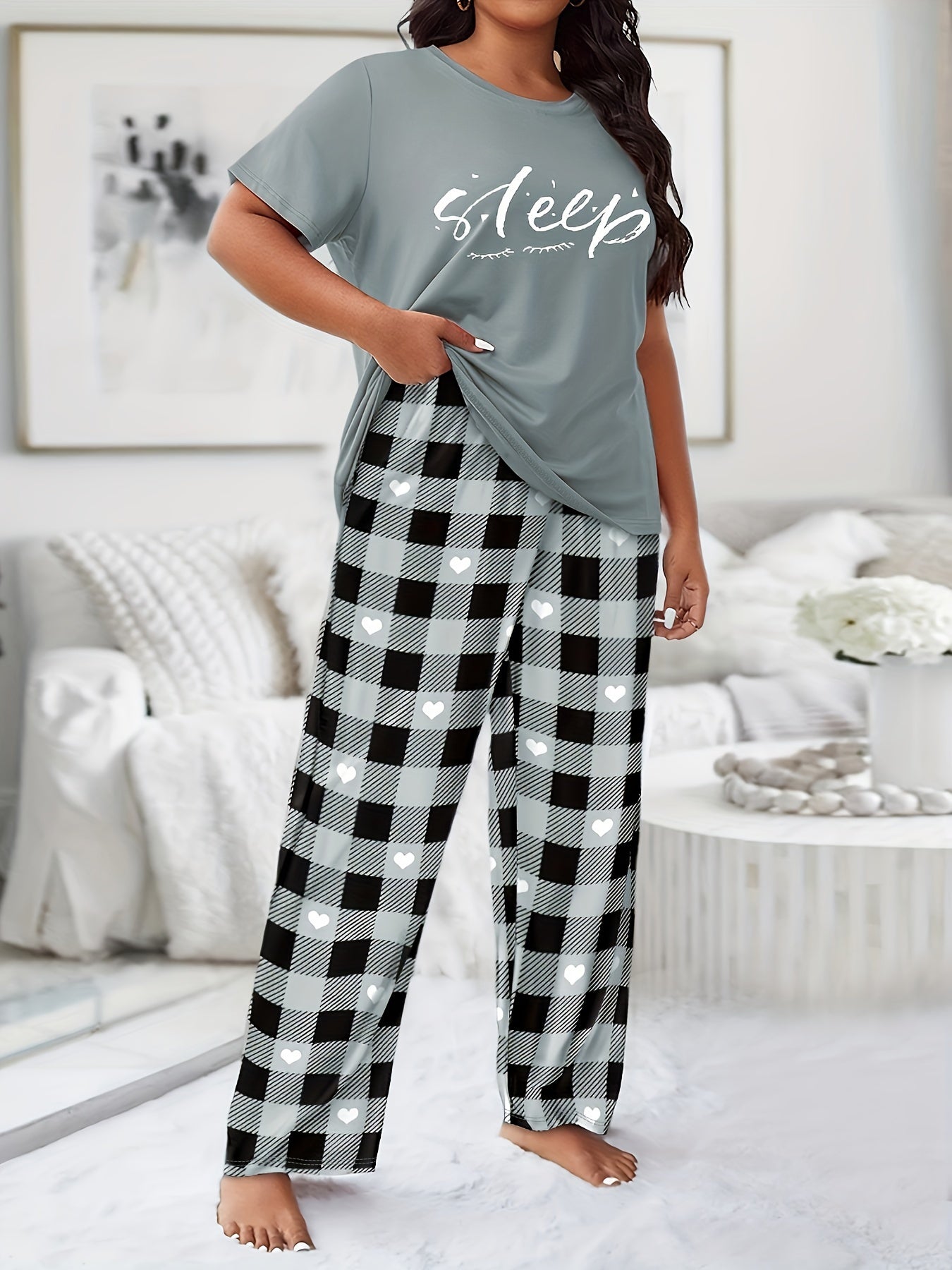  Casual Lounge Set Women's Plus Letter & Eyelash Print Tee & Heart Plai