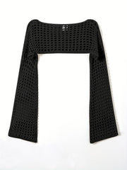 Y2K Crochet Cropped Knit Sweater Crew Neck Flared Sleeve