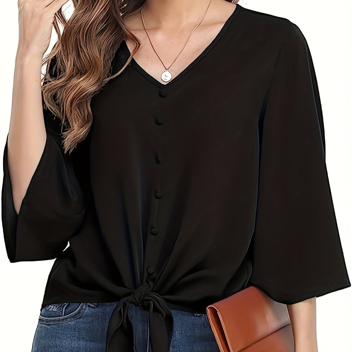  Casual Blouse Women's Plus Solid Button Decor Half Sleeve