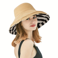Khaki Reversible Striped Bucket Hat Women Large Brim Sun Visor Casual Cotton Cap