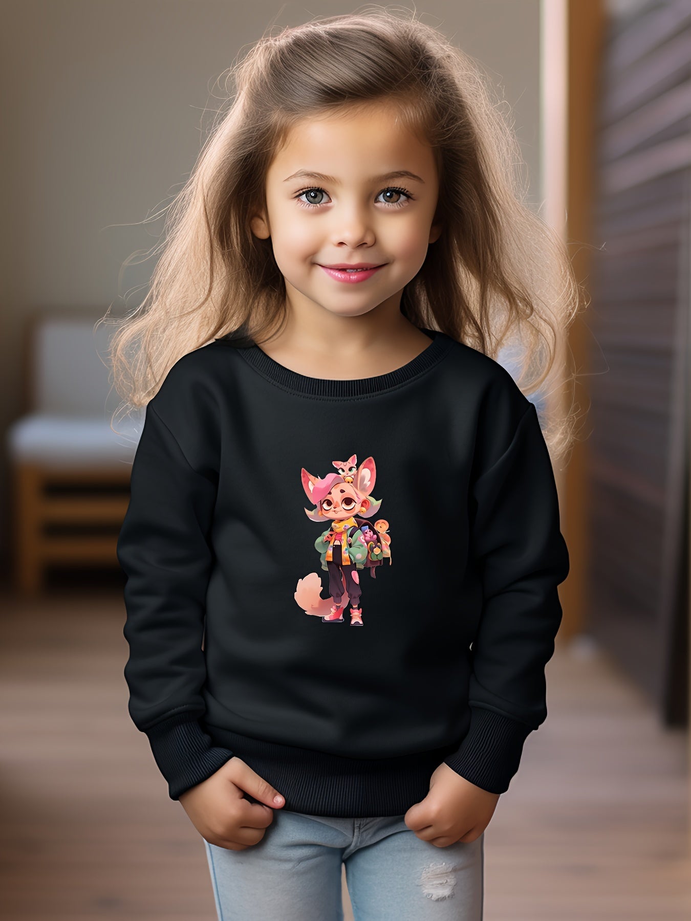 Cartoon Animal Print Girls Casual Pullover Sweatshirt Long Sleeve