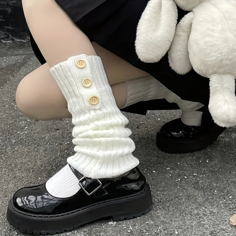 Ribbed Leg Warmers Buttons Decor Socks Women's Stockings