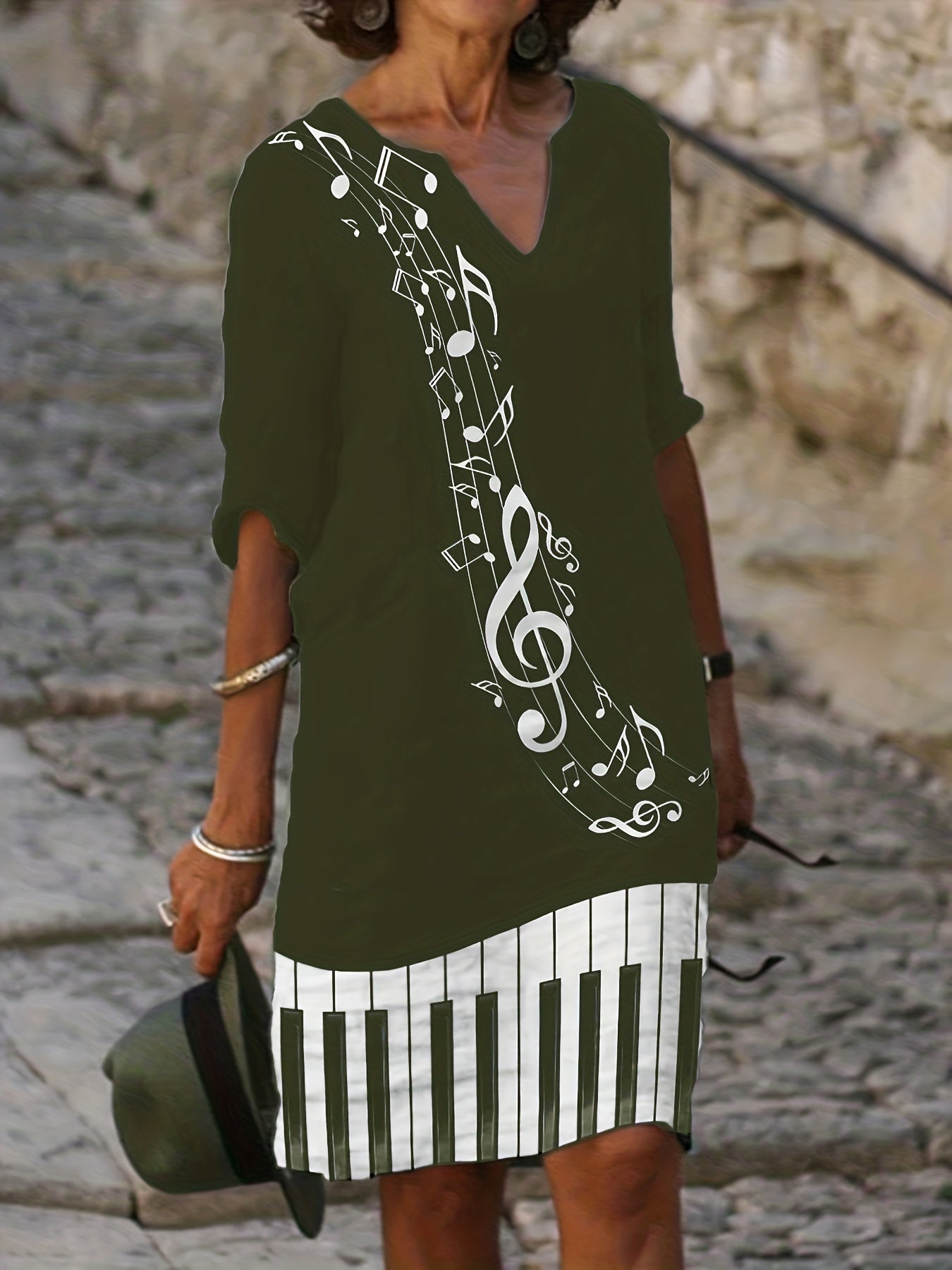  Music Note Print Half Sleeve Dress