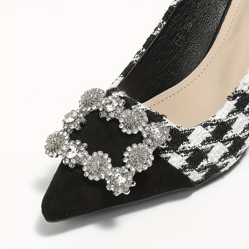 Women's Houndstooth High Heels Pointed Toe Rhinestone Stiletto Heels