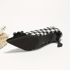 Women's Houndstooth High Heels Pointed Toe Rhinestone Stiletto Heels