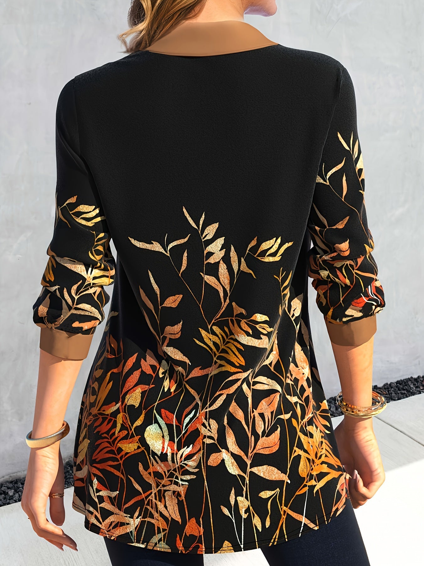  Leaf Print Button Up Long Sleeve Blouse