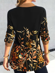 Leaf Print Button Up Long Sleeve Blouse
