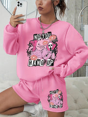 Women's Halloween Graphic Print Sweatshirt & Shorts Set