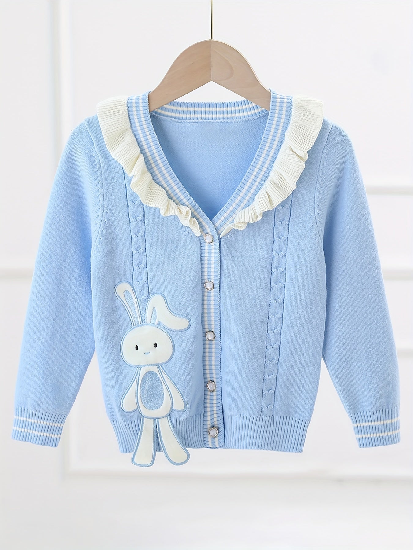 Girls' Bunny Embroidery Knit Cardigan Ruffle Trims Button Down Top