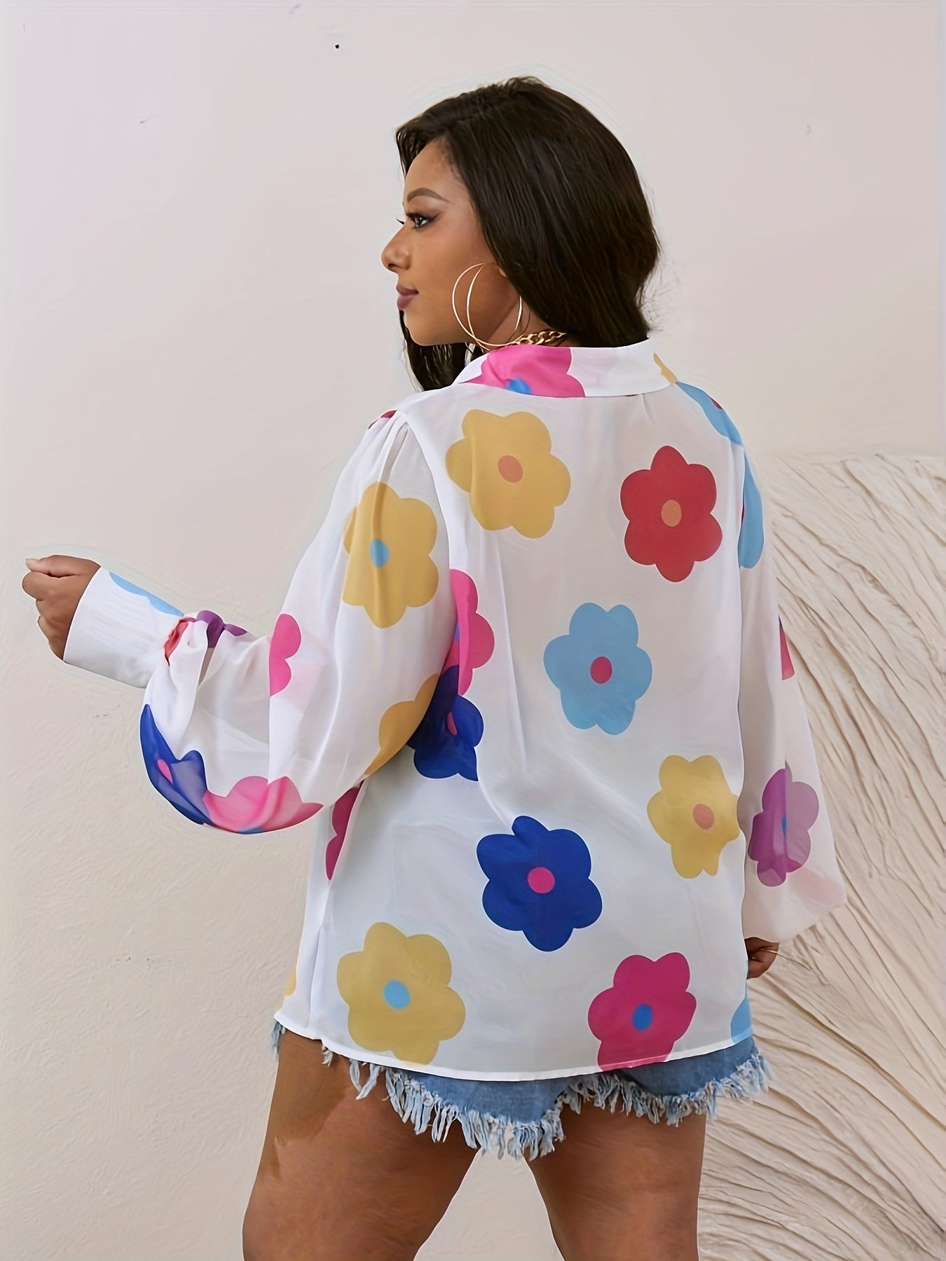  Floral Print Button Up Lantern Sleeve Blouse