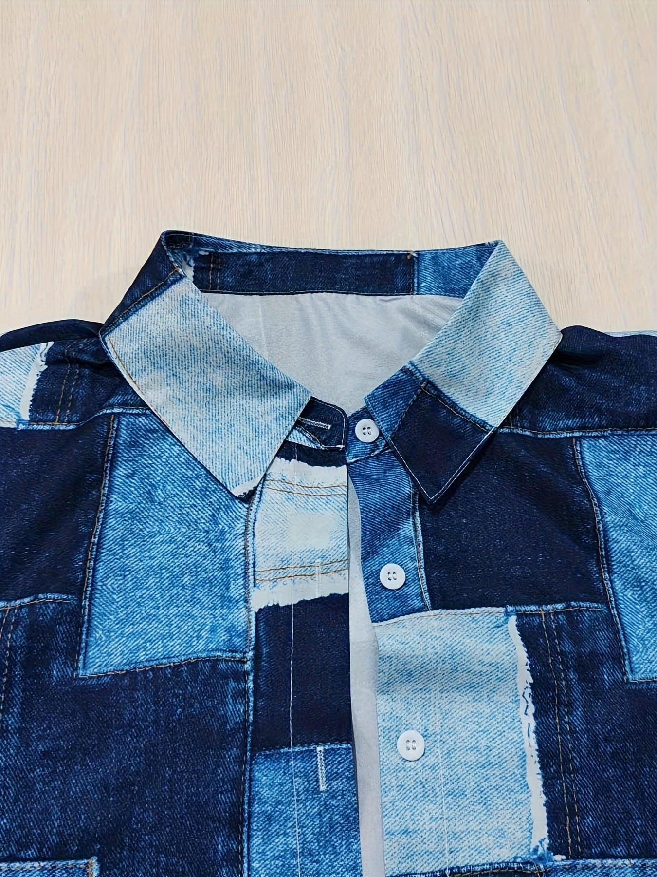  Denim Print Button Up Tunic Shirt