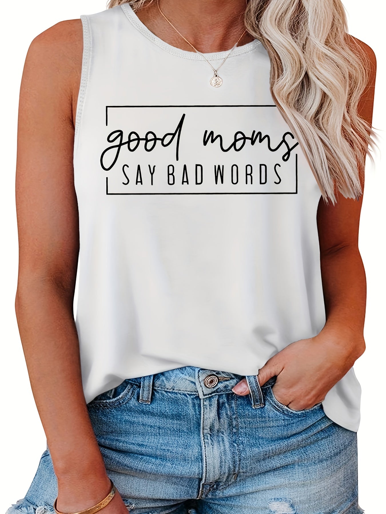  Casual Top Women's Plus Slogan Print Round Neck Tank Top