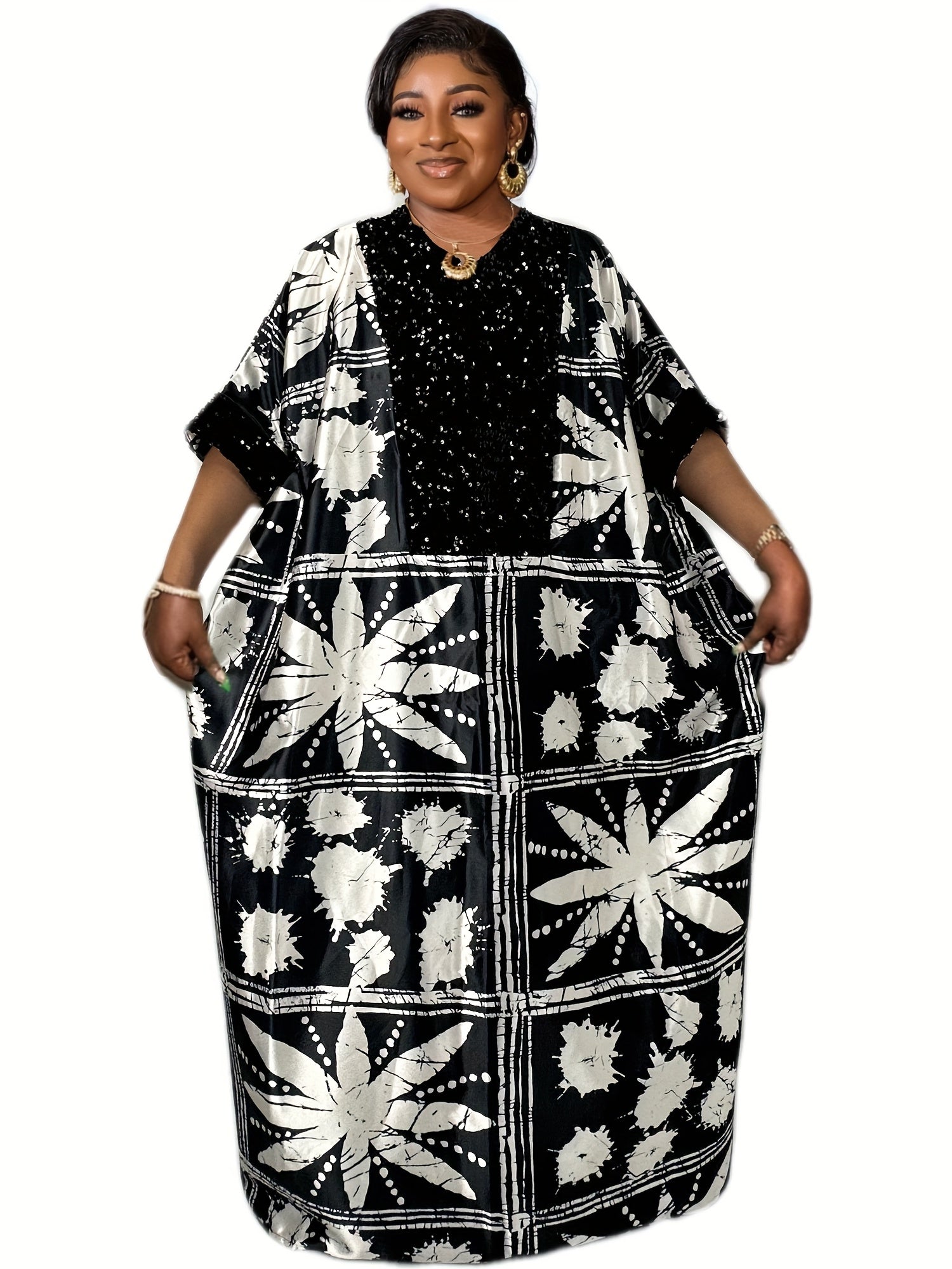  Abaya Dress Geometric Print Maxi Kaftan Dress