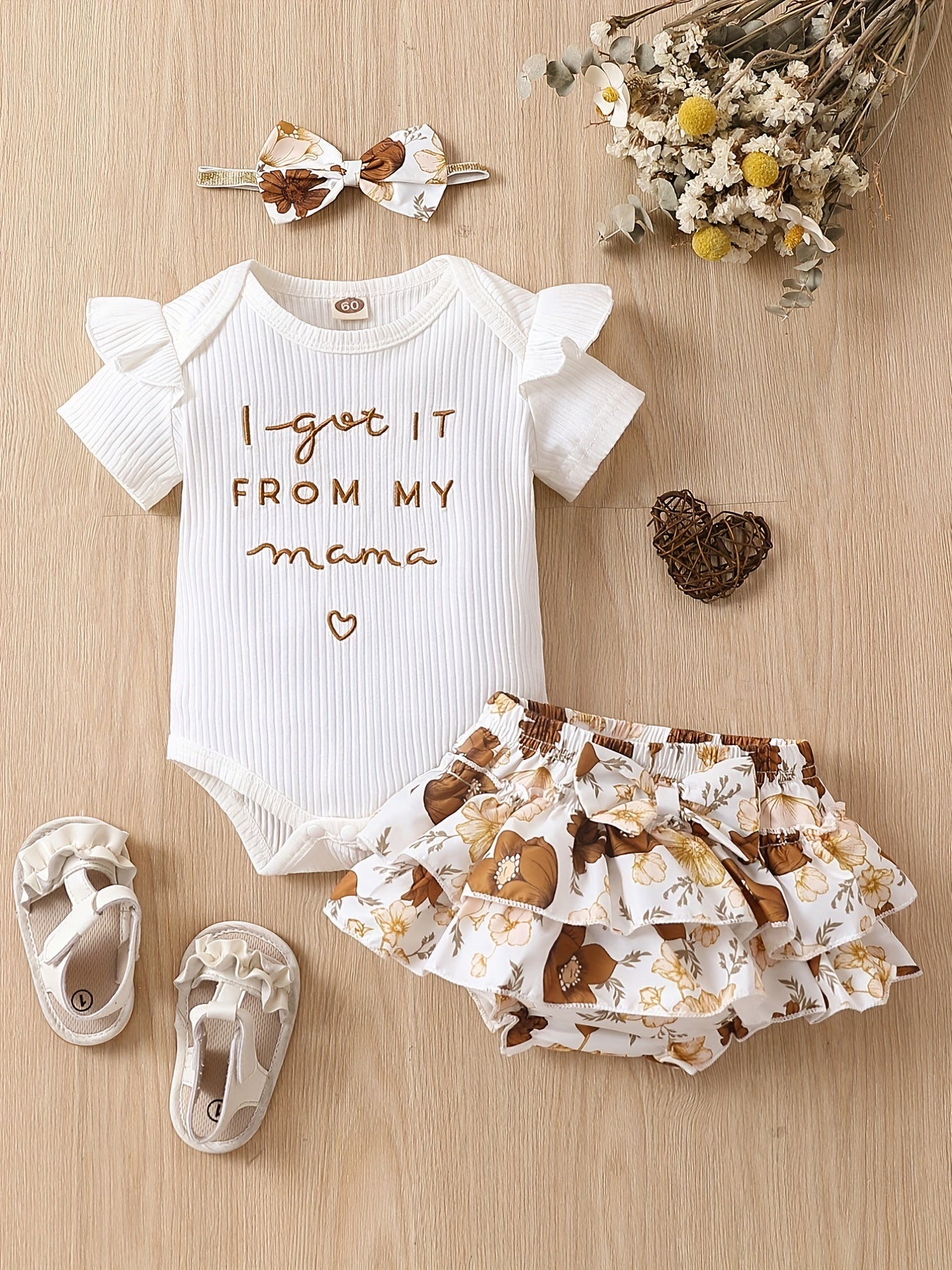 3pcs Baby Girl Outfit Mama Onesie Floral Skort & Headband Set
