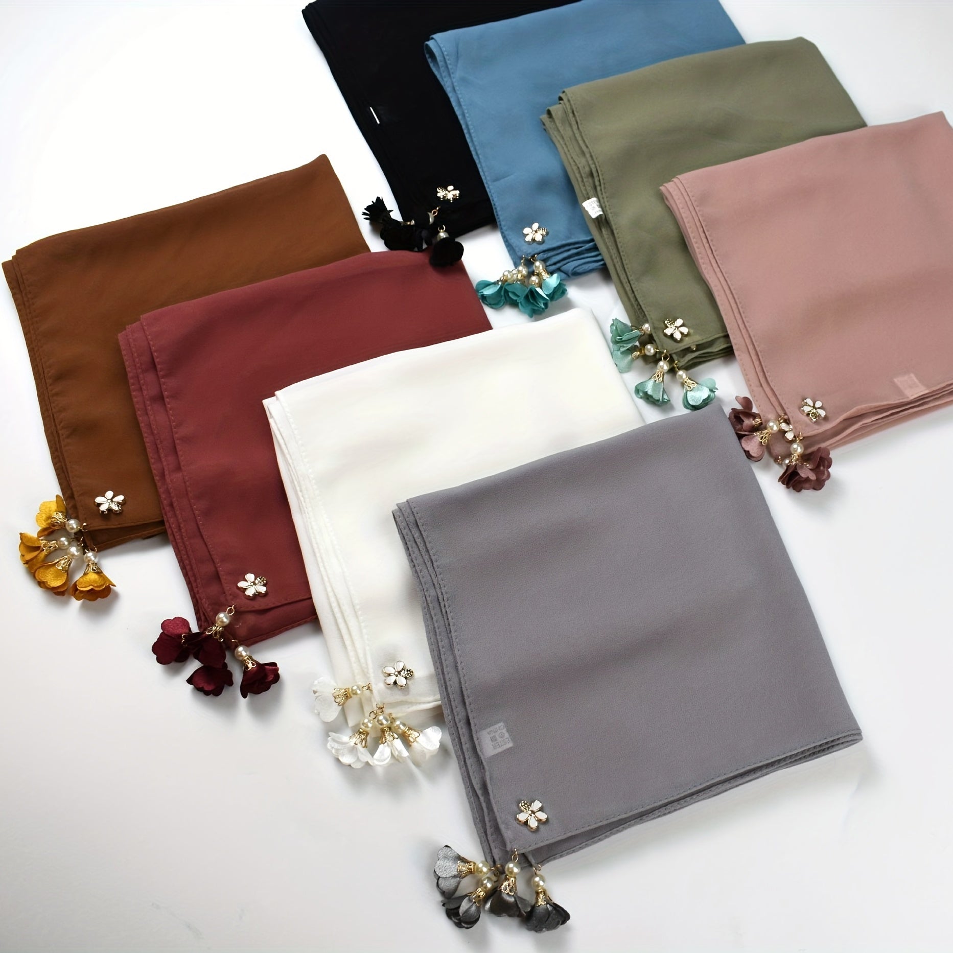 Chiffon Scarf Faux Pearl Flower Tassel Hijab Solid Shawl Windproof Head Wrap