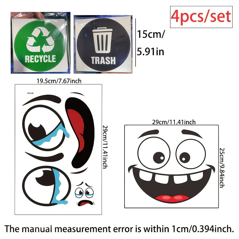 4pcs Fun Eye Trash Can Stickers Self-Adhesive PVC Decals for Car Bathroom Fridge