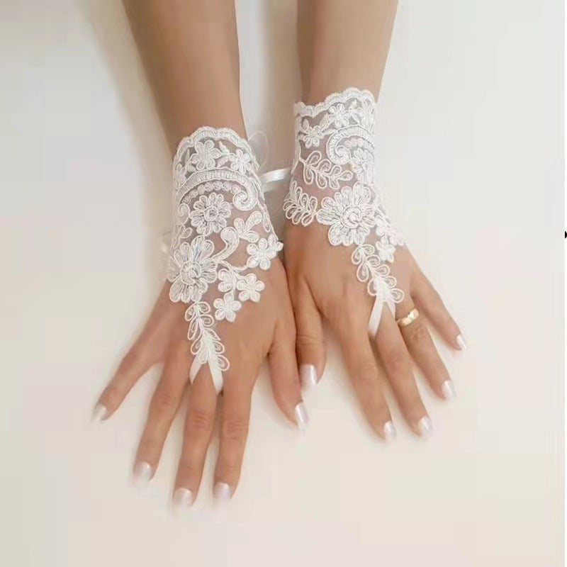 Floral Lace Fingerless Bridal Gloves with Flowers and Bow Accents