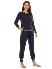 Striped Print Lounge Set Long Sleeve Top & Elastic Waistband Pants