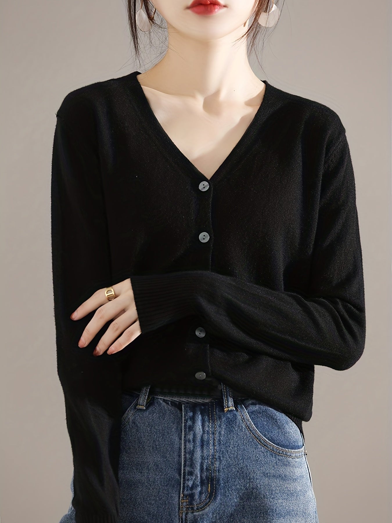 V Neck Solid Long Sleeve Cardigan for Women