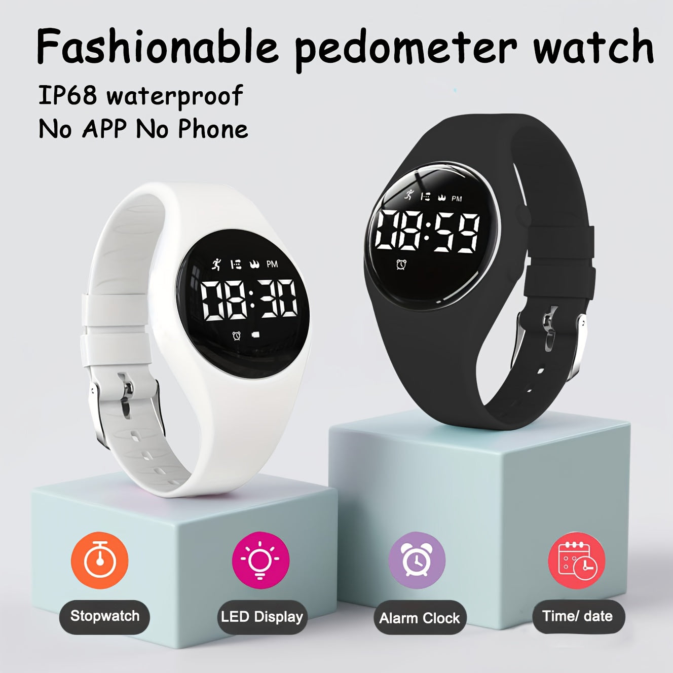Boys' Waterproof Alarm Clock Digital Watch with Pedometer - USB Rechargeable