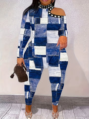  Denim & Polka Dot Print One Shoulder Top & Pants Set