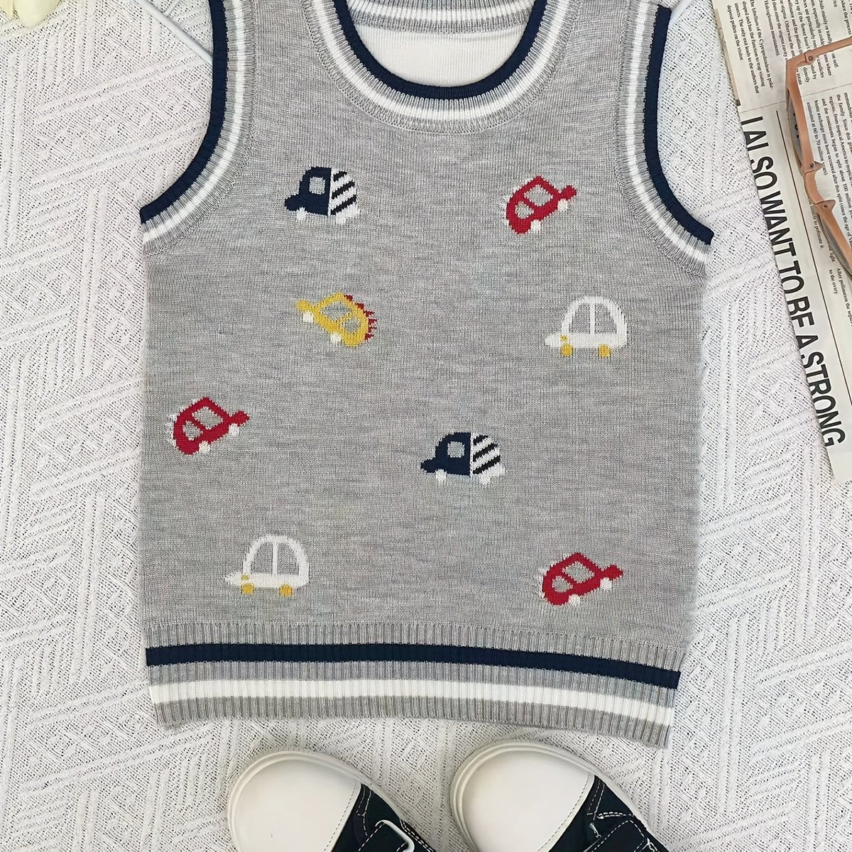Boys Cartoon Car Graphic Print Sleeveless Sweater Vest