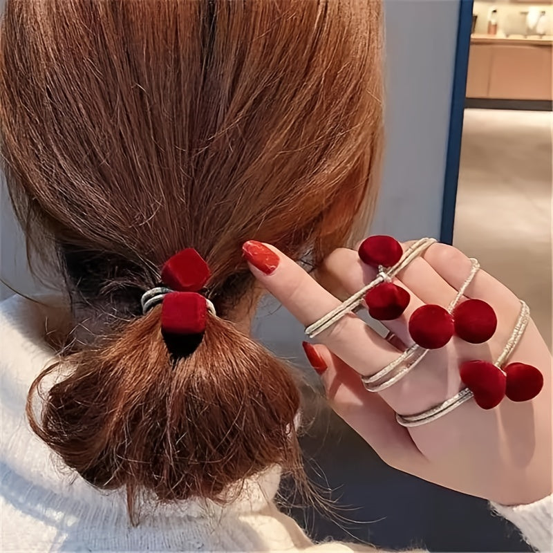 Vintage Red Hair Tie Heart Star Velvet Hair Tie Ponytail Holder