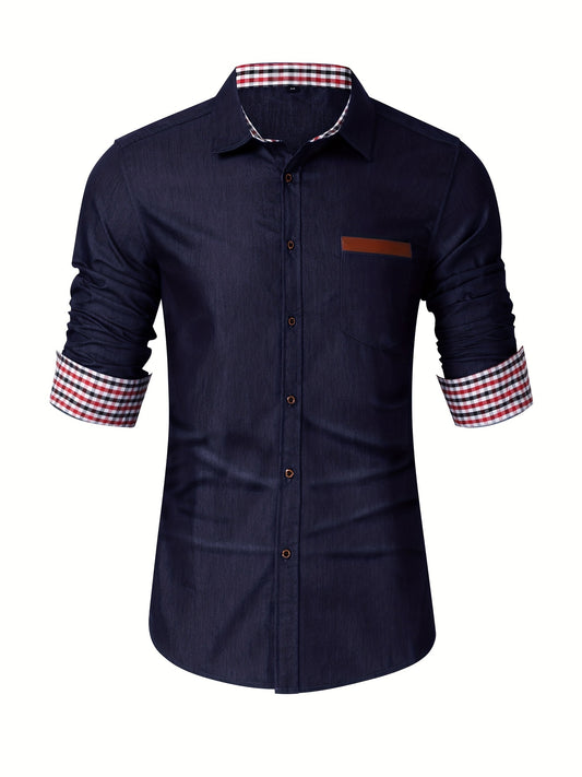 Men's Casual Cotton Navy Denim Button Up Shirt With Stripe Lining