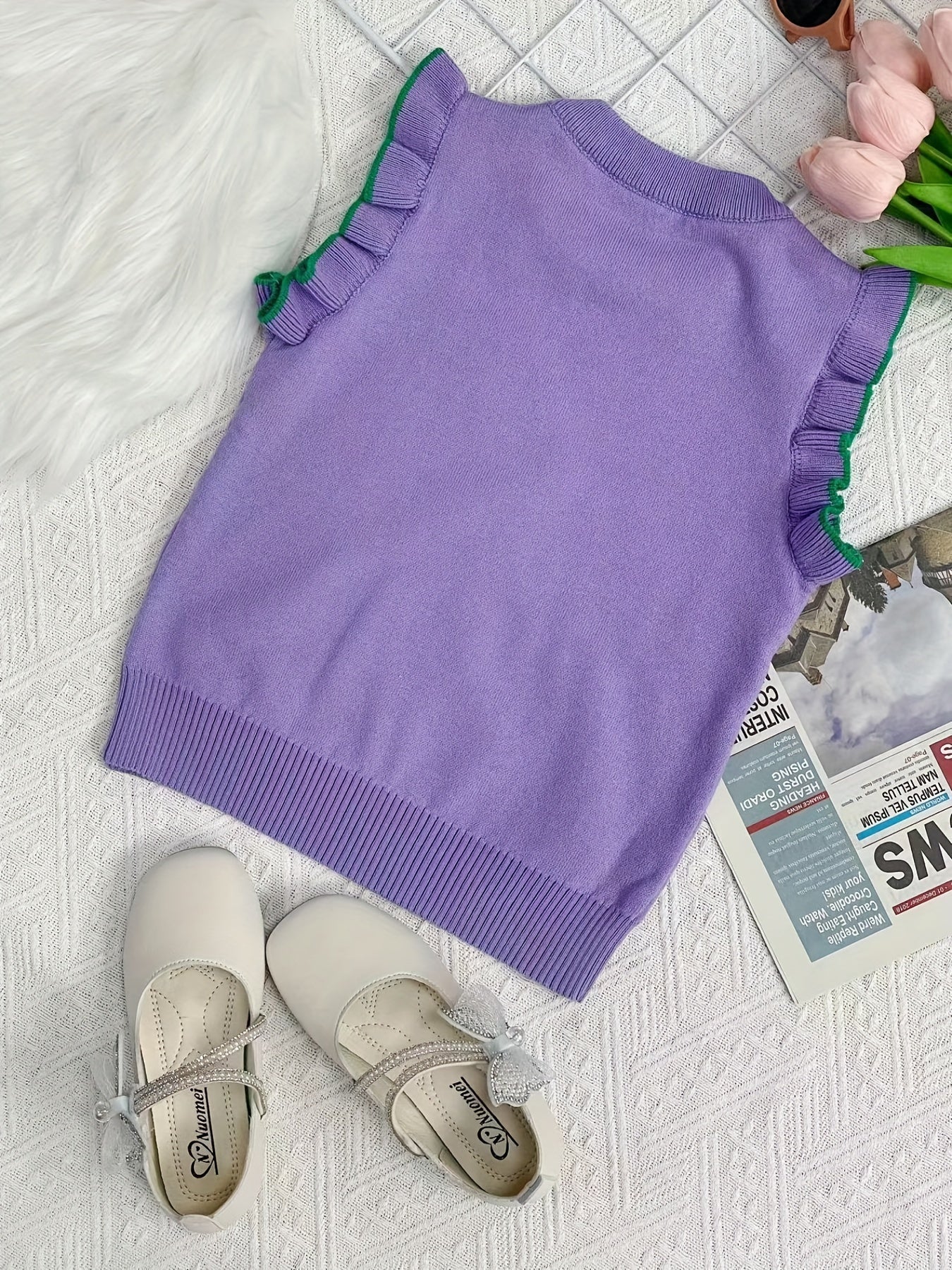 Girls Flower Graphic Knit Sweater Vest Sleeveless Ruffle Trim