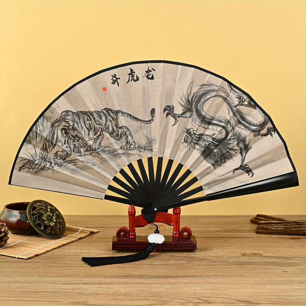 Ancient Style 32 Cm Folding Fan with Tassel Pendant for Men