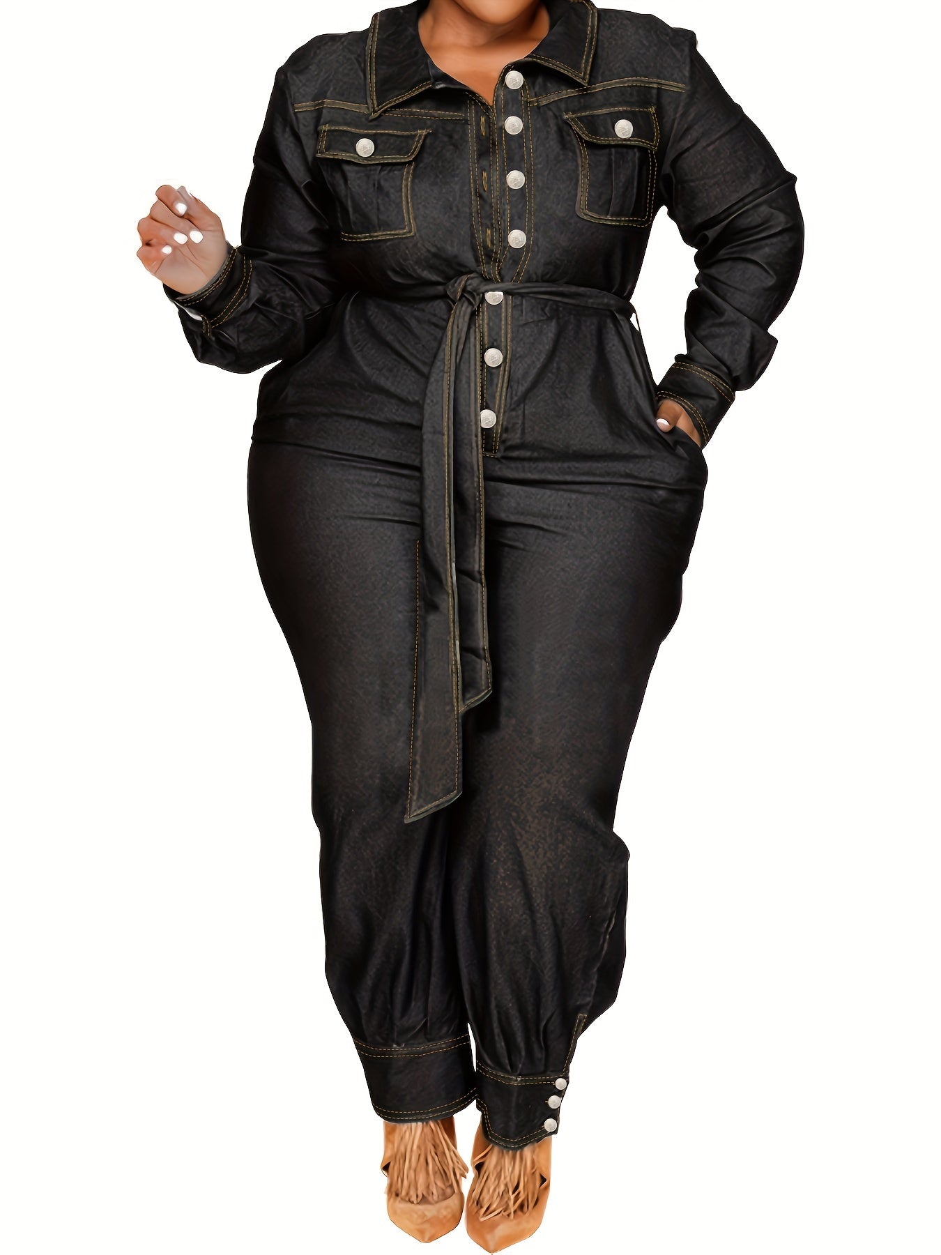  Denim Style Long Sleeve Belted Jumpsuit Women's Plus