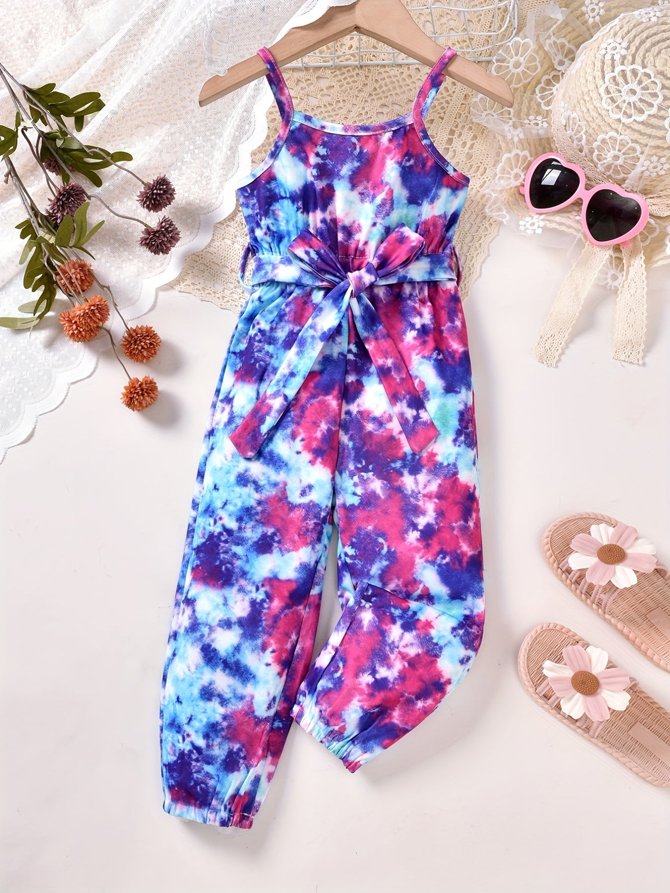 Tie Dye Belted Cami Rompers for Toddler Girls