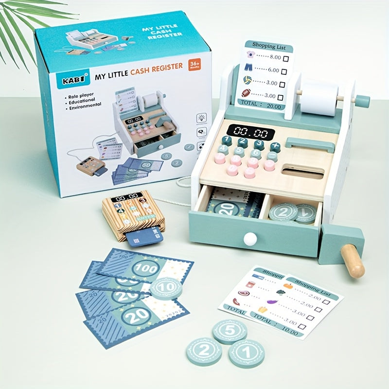 Wooden Toy Cash Register for Kids with Money Recognition and Arithmetic
