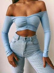 Off Shoulder Long Sleeve Short Sweater Sexy Crop Top