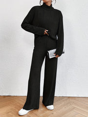 Ribbed Two piece Set Turtleneck Long Sleeve Tops & Wide Leg Pants