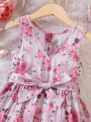 Girls V neck Flowers Graphic Belted Skirt Rompers