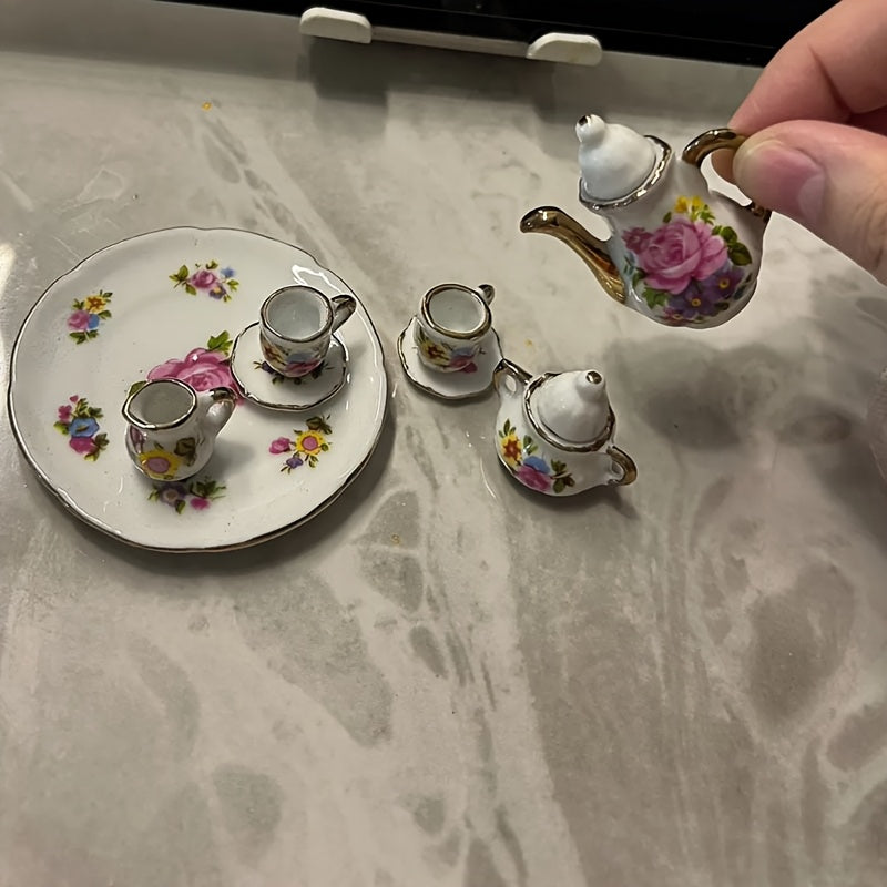Floral Tea Set for Dolls - Teapot, Cups, Saucers, Tray - Flower Patterns