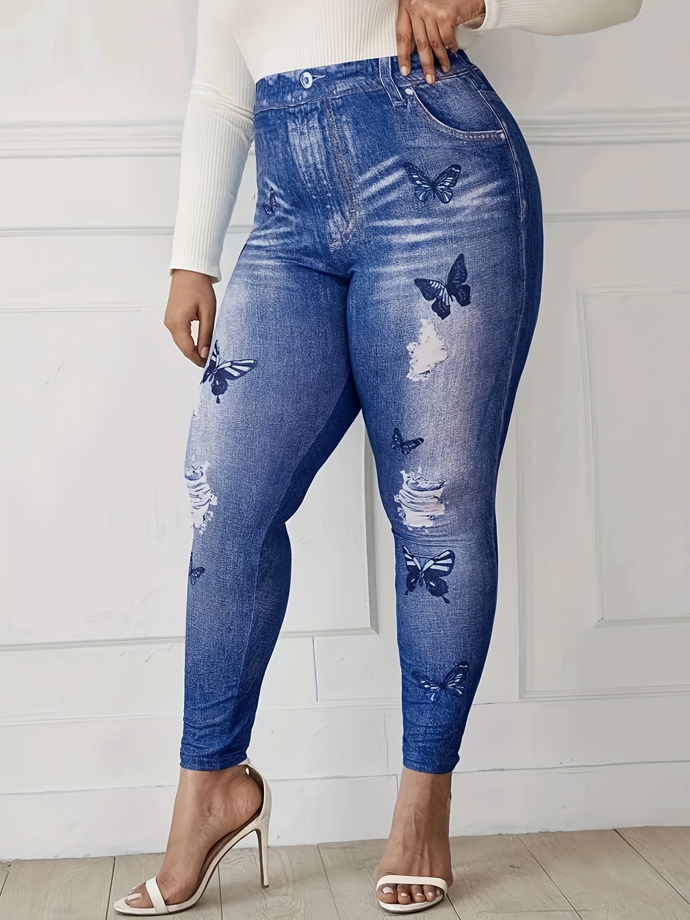 Butterfly Denim Print Leggings High Waist Skinny Leggings